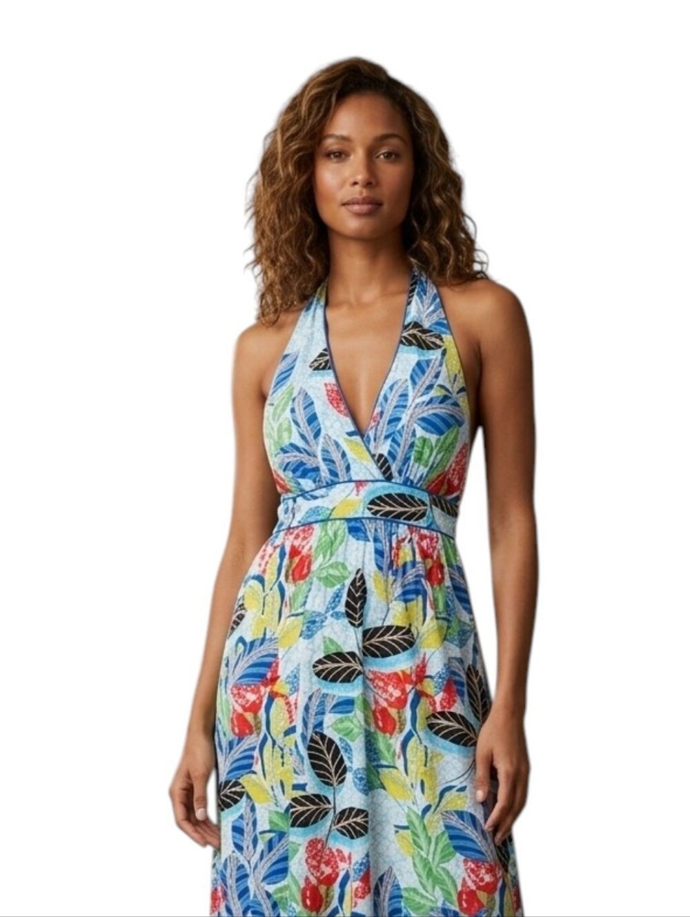 Joy Joy Flirty Maxi Halter Dress XS Tropical Print Beach Vacation Smocked
